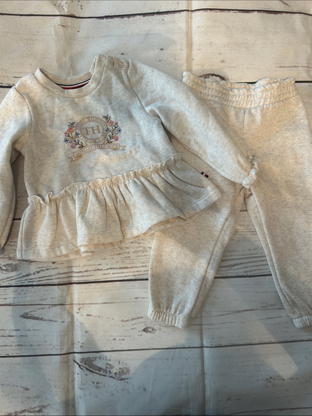 Tommy Hilfiger Cream Ruffle Sweatshirt & Jogger Pajama Set